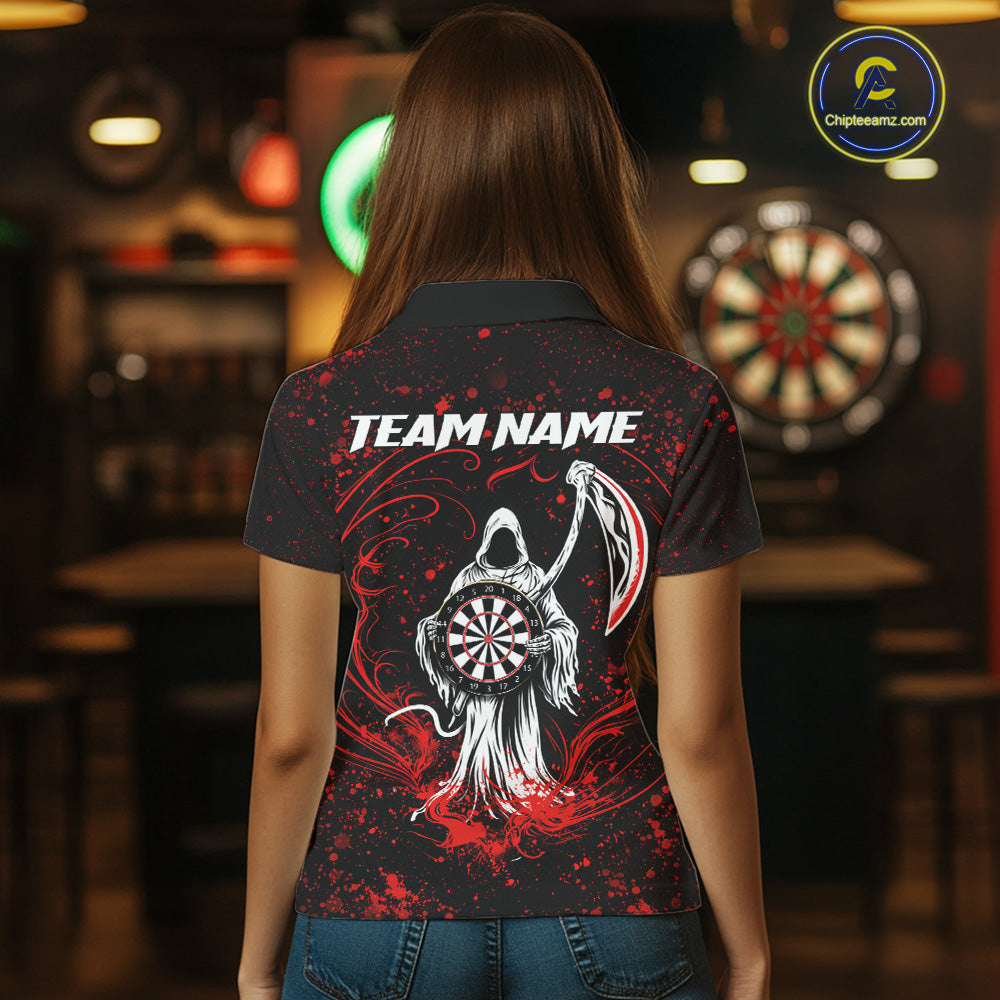 Black & Red Splatter Grim Reaper Hold Dartboard Dart Polo Shirts For Women Custom Dart Team Shirts NYN2681