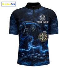 Load image into Gallery viewer, Blue Smoking Grim Reaper Dartboard Dart 1/4-Zip Shirts For Men Custom Multiskull Dart Team Shirts NYN2683