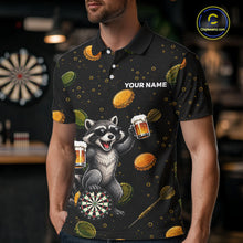 Load image into Gallery viewer, Man wearing beer and raccoon dart shirt funny dart player apparel