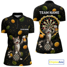 Load image into Gallery viewer, Women's beer and cat dart quarter zip shirt mockup custom dart apparel