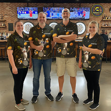 Load image into Gallery viewer, Men's dart team wearing beer and cat dart jerseys custom tournament uniforms