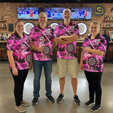 Load image into Gallery viewer, Men's dart team wearing pink flamingo dart jerseys custom uniforms