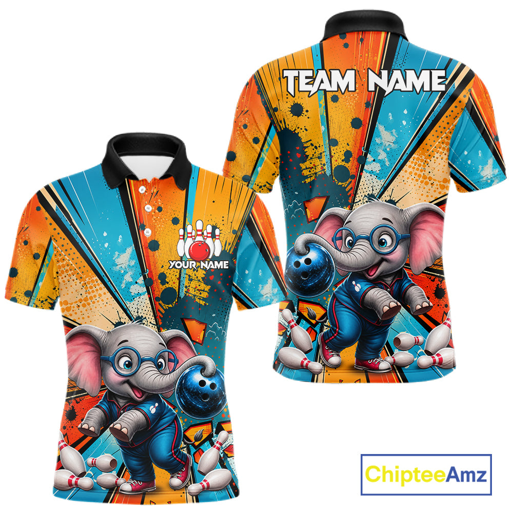 Funny Elephant Cartoon Bowling Polo featuring personalized player name, cute elephant artwork, quick-dry athletic bowling apparel, custom tournament jersey, mascot-inspired sportswear.