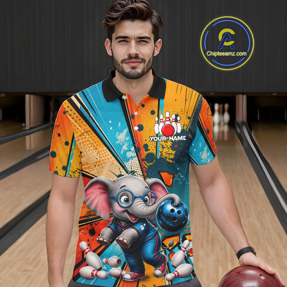 Male bowler modeling Funny Elephant bowling shirt featuring playful mascot artwork, confidence, teamwork, community spirit, custom tournament apparel, athletic lifestyle clothing.