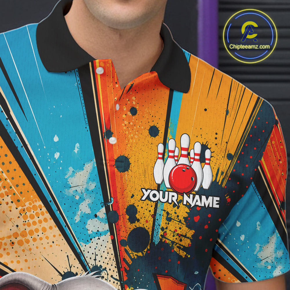 Male bowler modeling Funny Elephant bowling shirt featuring playful mascot artwork, confidence, teamwork, community spirit, custom tournament apparel, athletic lifestyle clothing.