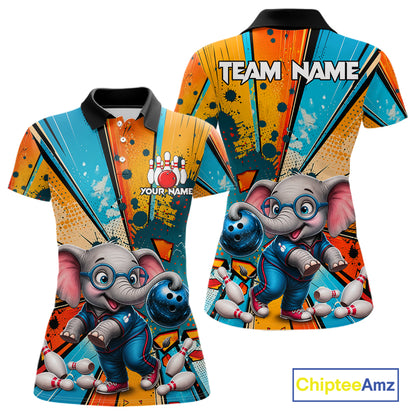 Funny Elephant Cartoon Bowling Polo featuring adorable elephant mascot, personalized bowling team name, breathable performance polo, moisture-wicking bowling apparel, custom league jersey, mascot sportswear, family-friendly bowling clothing.
