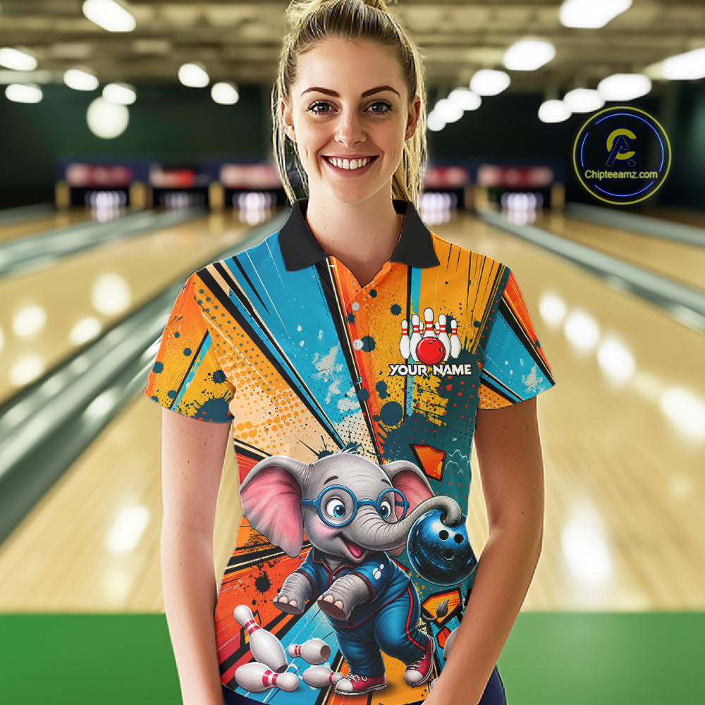 Female bowler smiling while wearing Funny Elephant bowling jersey representing wisdom, loyalty, kindness, friendship, family fun, personalized bowling apparel, mascot sports fashion
