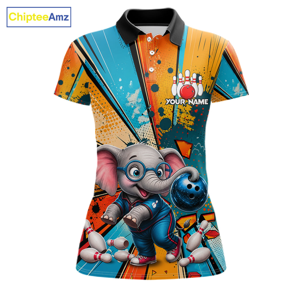 Female bowler smiling while wearing Funny Elephant bowling jersey representing wisdom, loyalty, kindness, friendship, family fun, personalized bowling apparel, mascot sports fashion