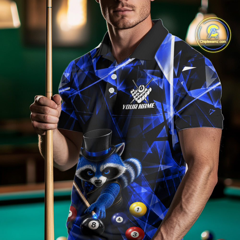 Funny Raccoon 8 Ball Billiard Shirt For Men Custom Blue Broken Glass Pool Polo & 1/4 Zip Jersey NYN3790