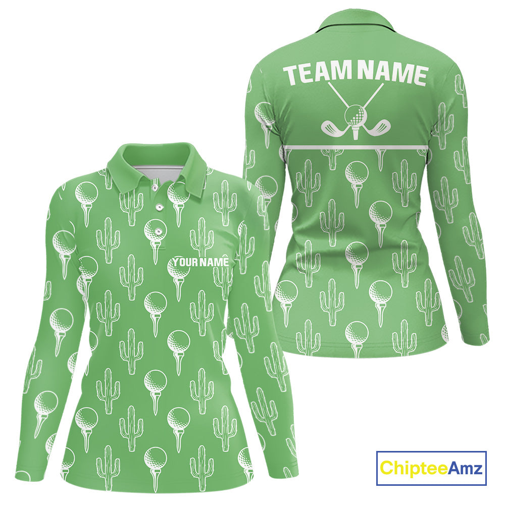 Personalized Desert Cactus Green Pattern Womens Golf Polo Shirts Custom Funny Cactus Golf Gifts NYN2844