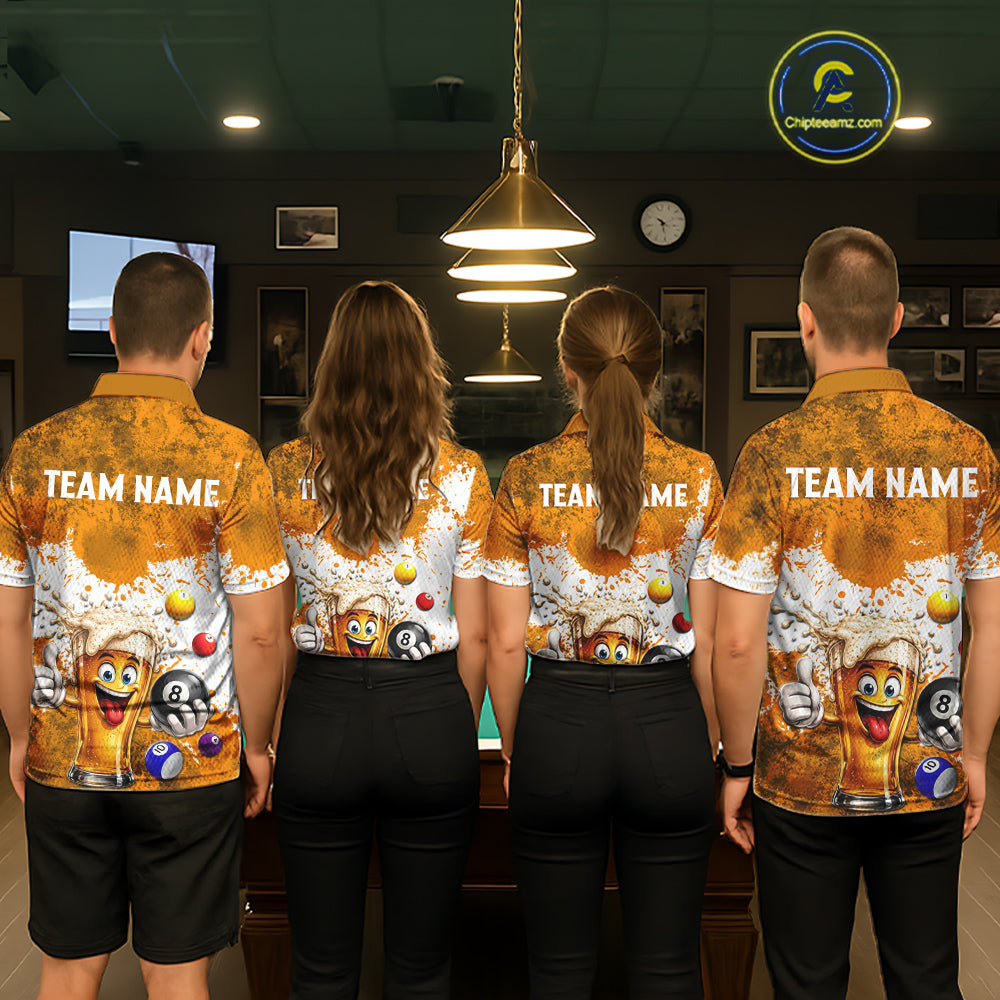 Funny Beer 8 Ball Women Billiard Shirt Custom White Yellow Splatter Paint Billiard Pool Team Clothing NYN3223