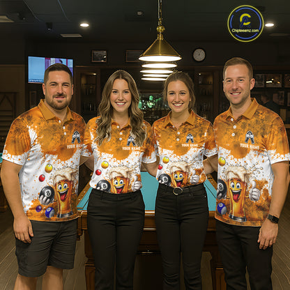 Funny Beer 8 Ball Women Billiard Shirt Custom White Yellow Splatter Paint Billiard Pool Team Clothing NYN3223