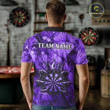 Load image into Gallery viewer, Male dart player wearing Purple Crown Dartboard dart team jersey during tournament play and league competition