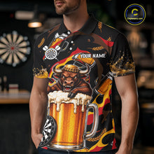 Load image into Gallery viewer, Male dart player wearing Angry Bull Beer personalized dart jersey for competitive play and league tournaments
