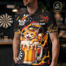 Load image into Gallery viewer, Male dart player wearing Cool Cat Beer dart team uniform at dart league tournament and club competition