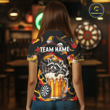 Load image into Gallery viewer, Female dart player wearing Raccoon Beer custom dart jersey during dart match