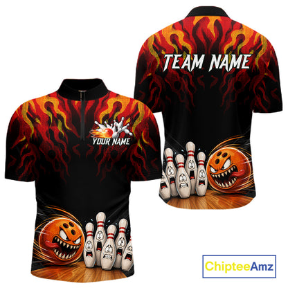 Funny Angry Ball & Pins Mens Bowling Shirt Custom Fire Flame Team Bowling Jersey For Bowlers NYN3232