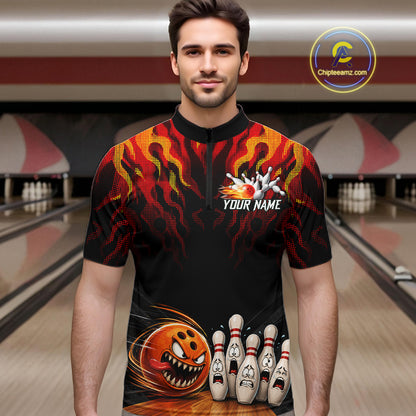 Funny Angry Ball & Pins Mens Bowling Shirt Custom Fire Flame Team Bowling Jersey For Bowlers NYN3232