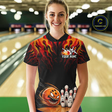 Load image into Gallery viewer, Funny Angry Ball &amp; Pins Women Bowling Shirt Custom Fire Flame Team Bowling Jersey For Bowlers NYN3232