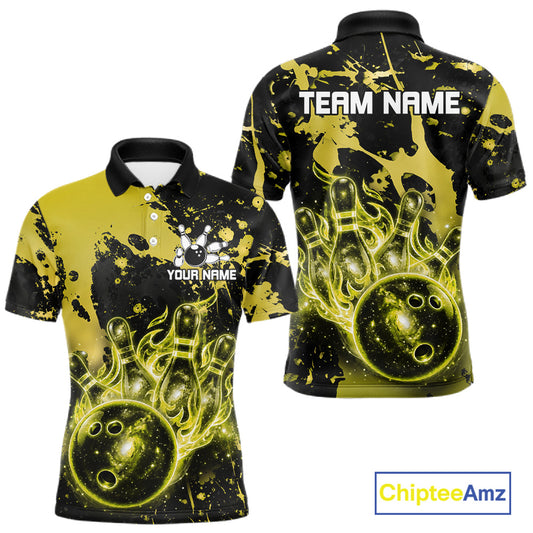 Black and Yellow Splatter Galaxy men's bowling polo shirt custom bowling team uniform, tournament bowling jersey