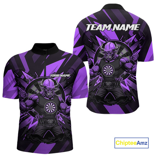 Purple Funny Muscle Bull Dartboard Custom Funny Darts Quarter-Zip Shirt For Men Dart Jerseys NYN1956
