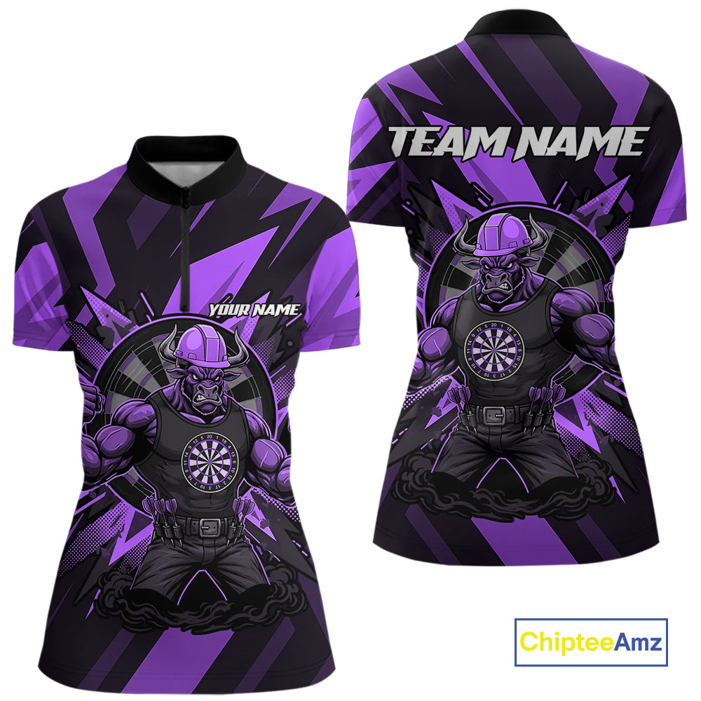 Purple Funny Muscle Bull Dartboard Custom Funny Darts Quarter-Zip Shirt For Women Dart Jerseys NYN1956