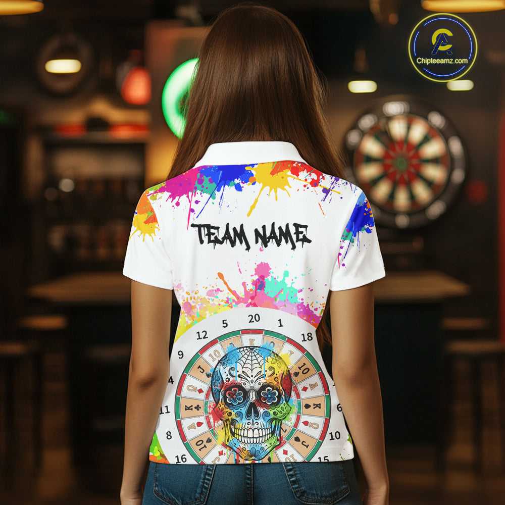 Custom Colorful Splatter Skull Dartboard Women Darts Polo Team Shirts Dart Jerseys | White NYN2211