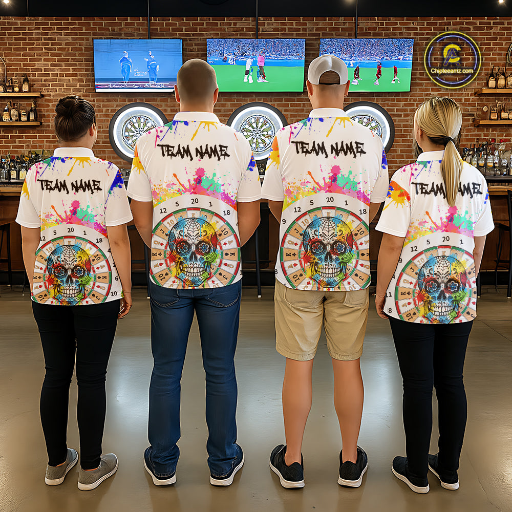 Custom Colorful Splatter Skull Dartboard Women Darts Polo Team Shirts Dart Jerseys | White NYN2211