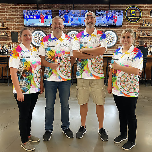 Custom Colorful Splatter Skull Dartboard Men Darts Quarter-Zip Team Shirts Dart Jerseys | White NYN2211