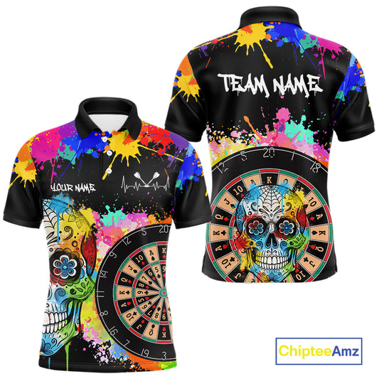 Custom Colorful Splatter Skull Dartboard Men Darts Polo Team Shirts Dart Jerseys | Black NYN2212