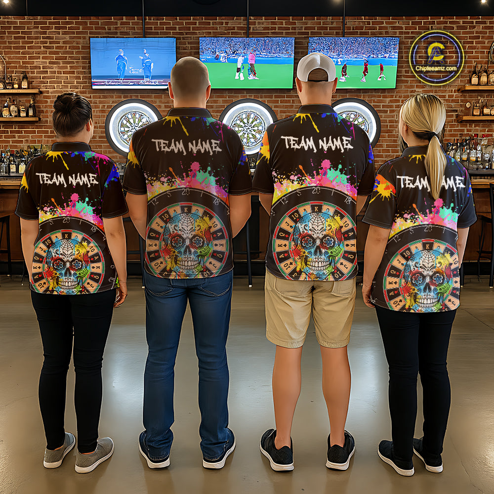 Custom Colorful Splatter Skull Dartboard Men Darts Quarter-Zip Team Shirts Dart Jerseys | Black NYN2212
