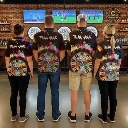 Custom Colorful Splatter Skull Dartboard Men Darts Quarter-Zip Team Shirts Dart Jerseys | Black NYN2212