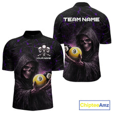 Load image into Gallery viewer, Purple Grunge Grim Reaper Hold 8 Ball &amp; 9 Ball Pool Men Billiard Shirt Custom Billiard Team Attire NYN2702