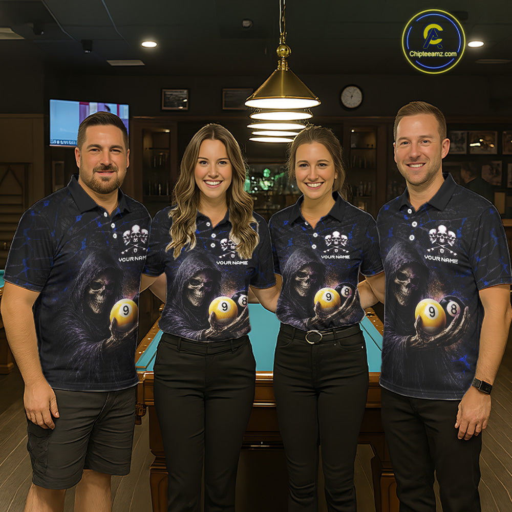 Blue Grunge Grim Reaper Hold 8 Ball & 9 Ball Pool Women Billiard Shirt Custom Billiard Team Attire NYN2703