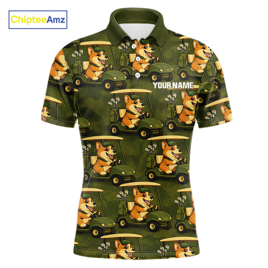 Funny Mens Golf Polo Shirt Custom Brown And Green Golfing Dog Pattern Golf Clothing Shirts NYN2872