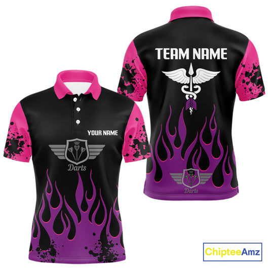 Purple Flaming & Wings Dart Arrow Men's Pink Darts Shirt - Custom Name For Players NYN0565