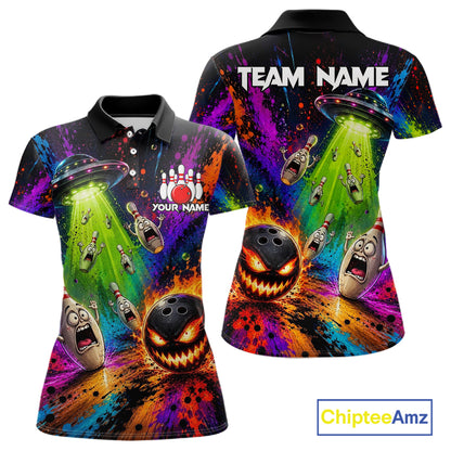 Colorful Splatter UFO Alien Bowling Polo featuring galaxy artwork, alien mascot, personalized bowling team jersey, moisture-wicking performance apparel, gaming-inspired sportswear, sci-fi bowling clothing, esports aesthetic, vibrant splatter art.