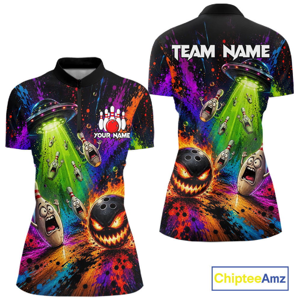 Colorful Splatter UFO Alien Quarter-Zip Bowling Shirt featuring personalized team graphics, quick-dry performance fabric, galaxy artwork, alien mascot, custom bowling league apparel.