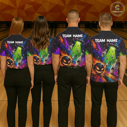 Bowling team wearing matching Galaxy UFO Alien jerseys with personalized names, cosmic-themed uniforms, esports-inspired teamwear, gaming community, science fiction fans, innovation, creativity, teamwork, championship mindset.
