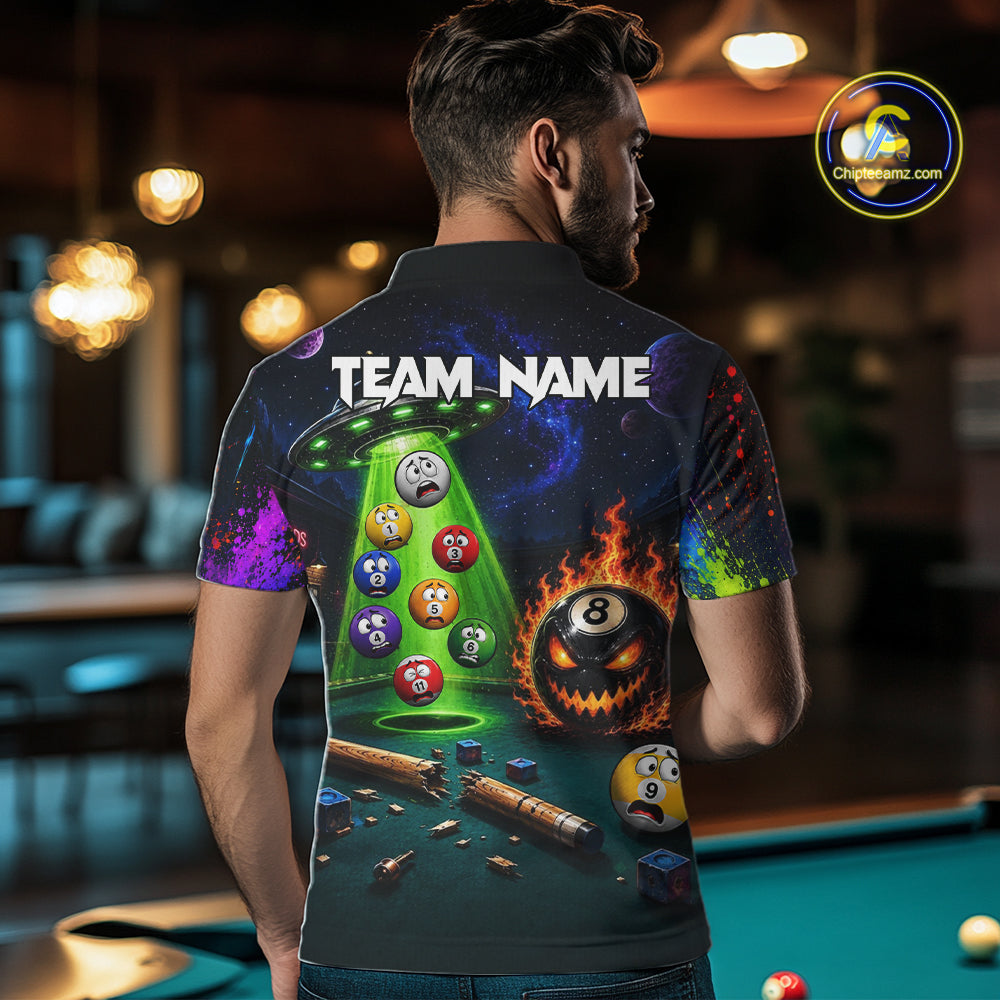 Male player wearing Galaxy Alien pool shirt inspired by esports, science fiction, space exploration, custom tournament apparel, championship cue sports clothing.
