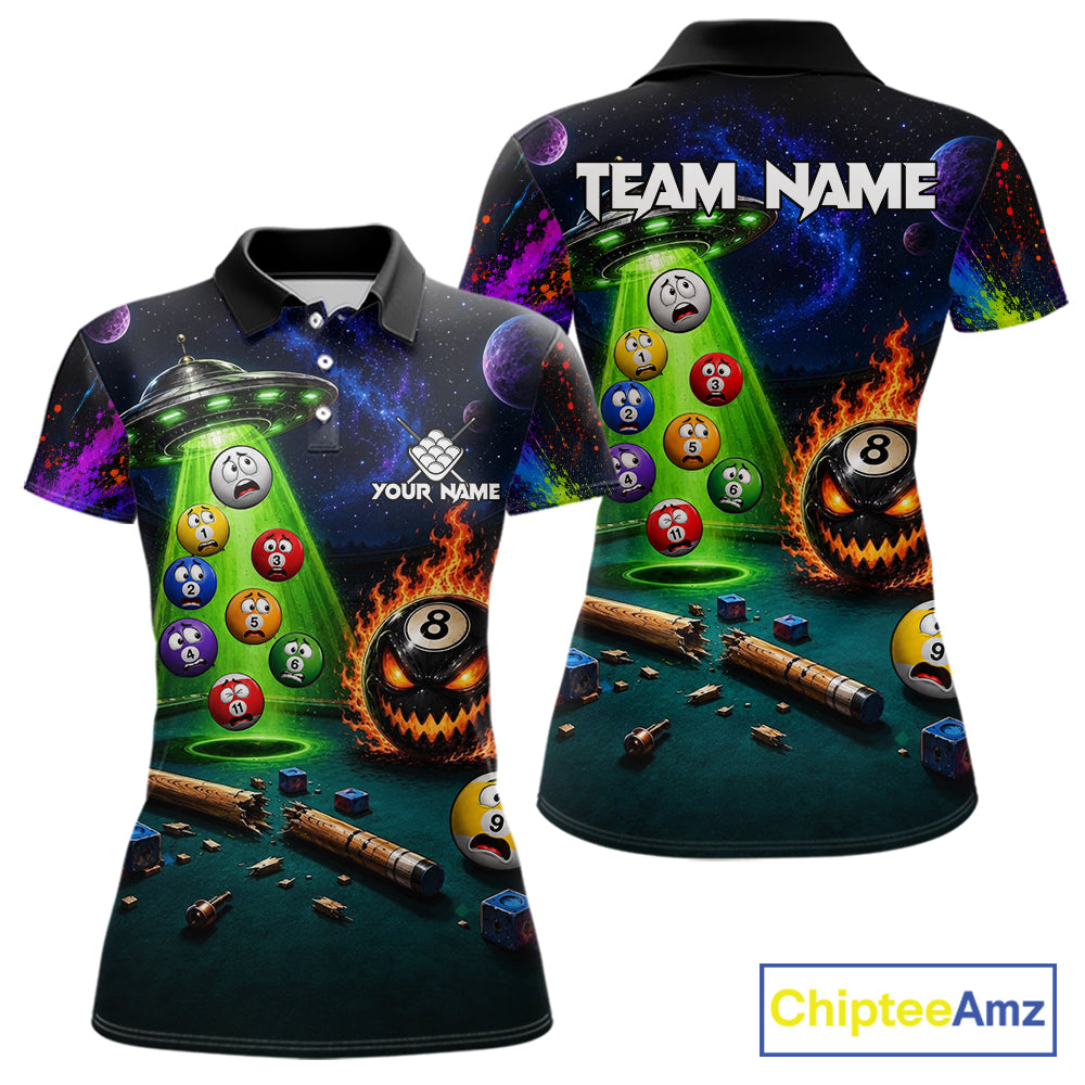 Galaxy UFO Alien Pool Billiard Polo featuring alien mascot, galaxy background, flaming 8 Ball artwork, personalized billiard team jersey, gaming-inspired sportswear, sci-fi apparel, esports aesthetic, custom cue sports clothing.