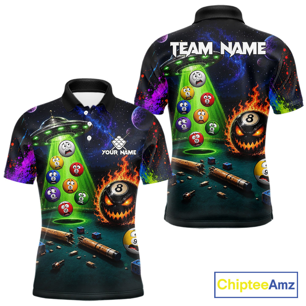 Galaxy UFO Alien Billiard Polo with personalized player name, cosmic artwork, UFO graphics, custom tournament jersey, gaming culture apparel, cue sports performance clothing