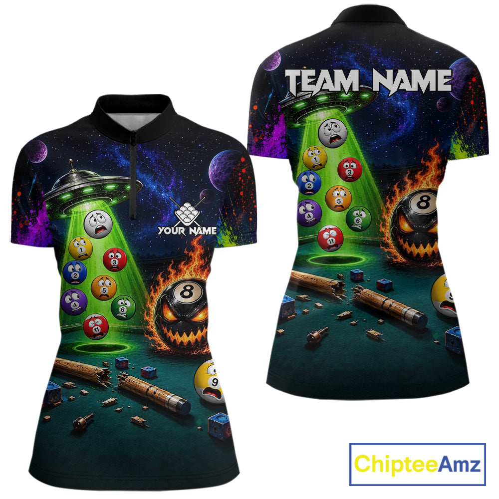 Galaxy UFO Alien Quarter-Zip Billiard Shirt featuring custom player graphics, quick-dry athletic fabric, alien artwork, flame 8 Ball design, tournament-ready cue sports apparel.