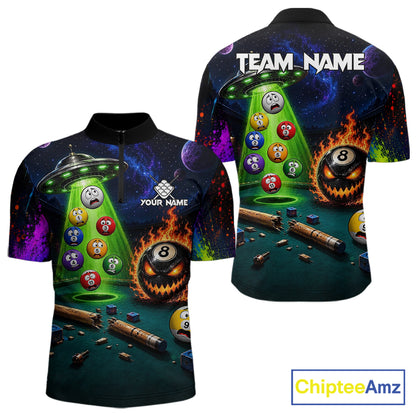 Galaxy UFO Alien Quarter-Zip Pool Jersey featuring personalized team graphics, cosmic sportswear, breathable tournament clothing, gaming-inspired performance jersey.