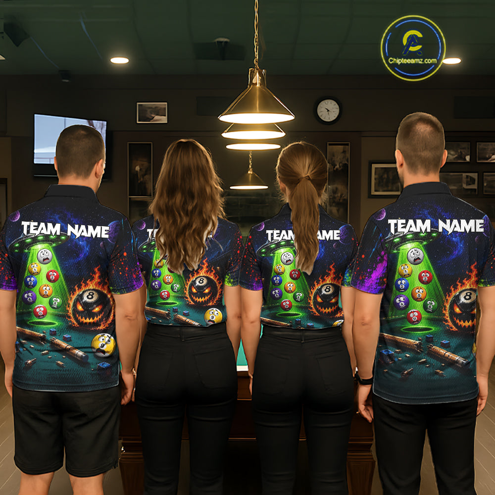 Professional pool team wearing matching Galaxy UFO Alien jerseys featuring personalized names, esports-inspired uniforms, gaming community apparel, cosmic theme, teamwork, innovation, creativity and championship spirit.