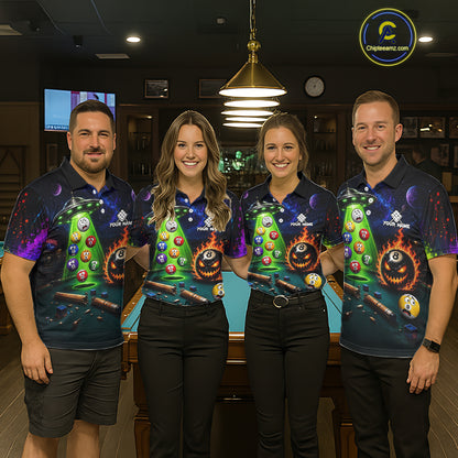 Professional pool team wearing matching Galaxy UFO Alien jerseys featuring personalized names, esports-inspired uniforms, gaming community apparel, cosmic theme, teamwork, innovation, creativity and championship spirit.