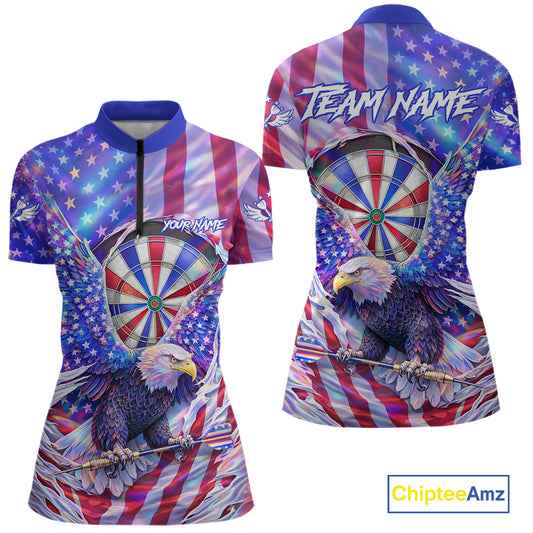 Funny Eagle Freedom Patriotic Darts Quarter-zip Shirt For Women Custom Holographic US Flag Dart Jerseys NYN2520