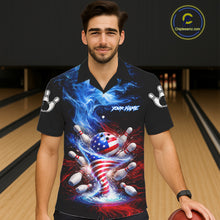 Load image into Gallery viewer, Male and female models wearing Fire Flame American Flag Tornado bowling Hawaiian shirts, patriotic USA bowling button-up shirts for league tournaments, tropical resort apparel, Independence Day bowling outfit symbolizing freedom, unity, courage and championship spirit