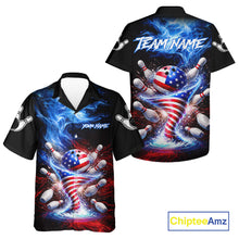 Load image into Gallery viewer, Fire Flame American Flag Tornado bowling Hawaiian shirt featuring USA flag tornado artwork, blazing fire graphics, custom bowling button-up shirt, patriotic aloha bowling apparel, tropical vacation league uniform, personalized bowling team clothing