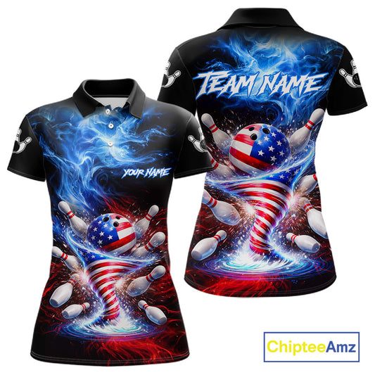 Personalized Fire Flame American Flag Tornado Bowling Team Shirts For Women Patriotic Bowling Gifts NYN2723
